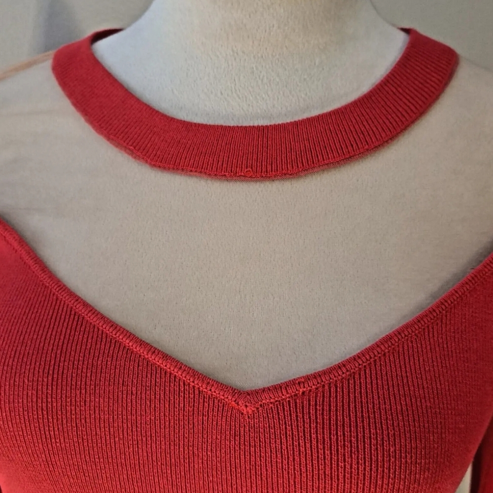 LUCY PARIS CHERRY RED RIBBED ILLUSION NECKLINE TOP MEDIUM 8 10 - Picture 11 of 11
